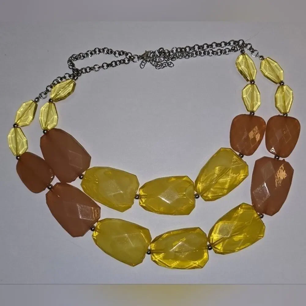 Treska Yellow Peach Chunky Faceted Bead Double Strand Statement Bib Necklace New